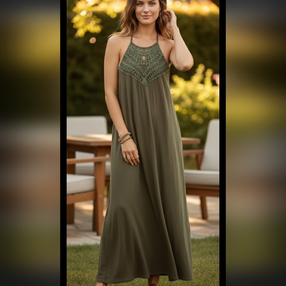 Elegant Olive Green Tank Maxi Dress Women's Large Boho-Chic Crochet Neckline